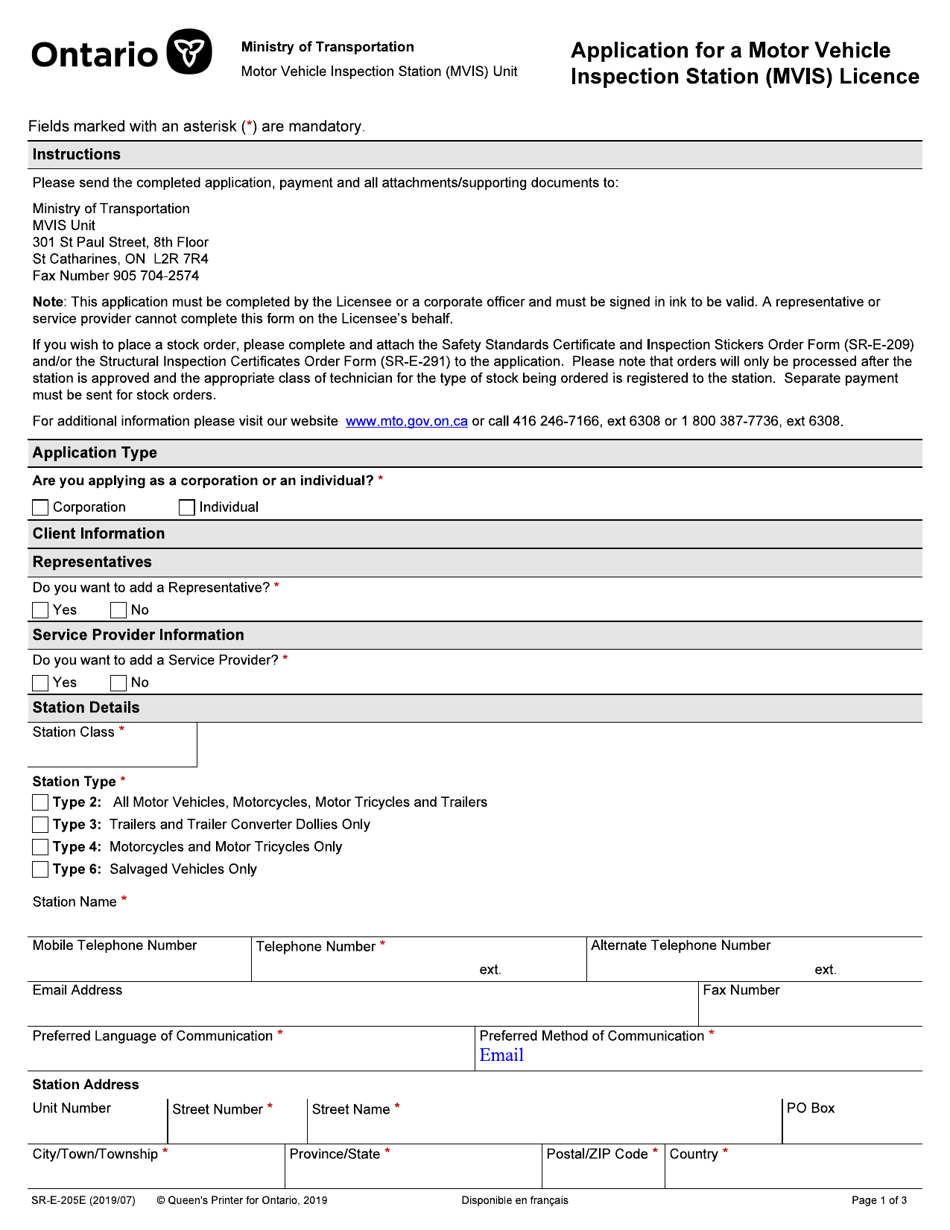Form SR-E-205E Application for a Motor Vehicle Inspection Station Licence - Ontario, Canada, Page 1