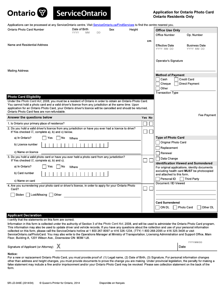 Form SR-LD-049E Application for Ontario Photo Card - Ontario Residents Only - Ontario, Canada, Page 1