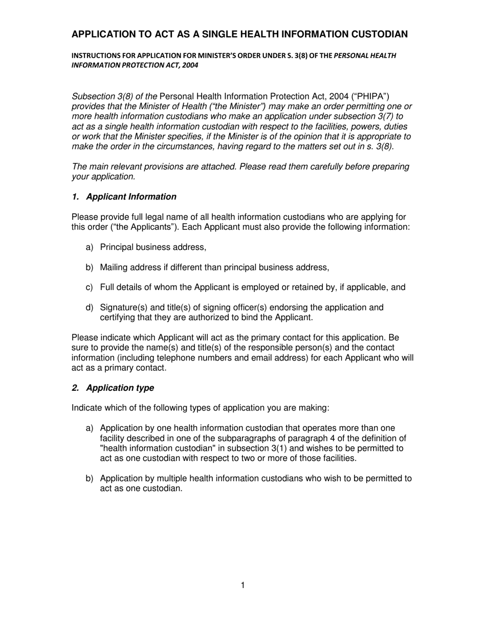 Instructions for Application to Act as a Single Health Information Custodian - Canada, Page 1