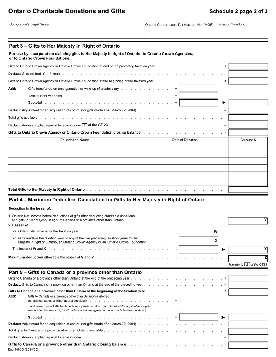Form 1490D Schedule 2 Ontario Charitable Donations and Gifts - Ontario, Canada, Page 2
