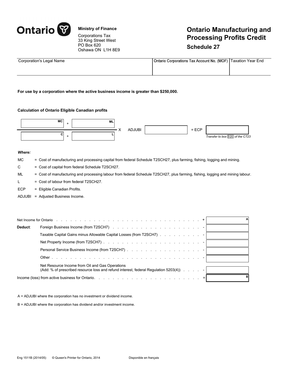 Form 1511B Schedule 27 Ontario Manufacturing and Processing Profits Credit - Ontario, Canada, Page 1
