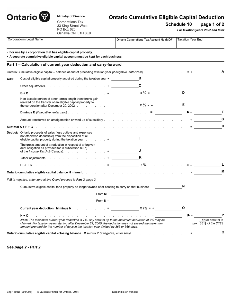Form 1508D Schedule 10 Fill Out, Sign Online and Download Fillable PDF, Ontario Canada