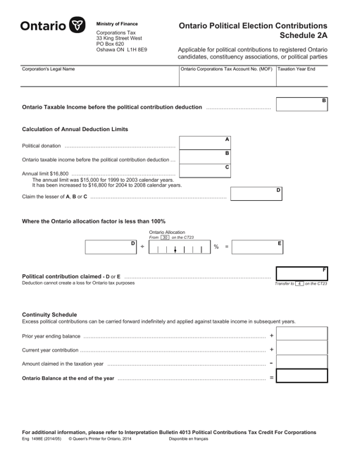 Form 1498 Schedule 2A Ontario Political Election Contributions - Ontario, Canada