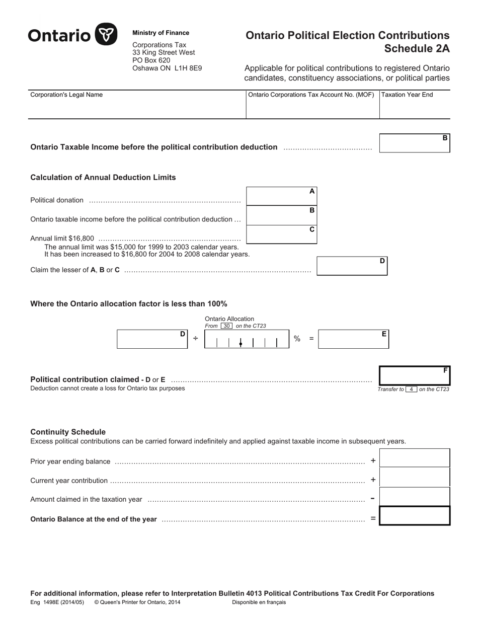 Form 1498 Schedule 2A Ontario Political Election Contributions - Ontario, Canada, Page 1