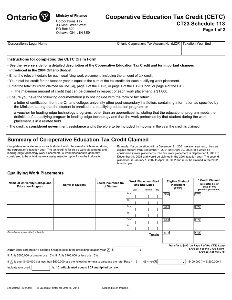 Form CT23 (2494A) Schedule 113 Co-operative Education Tax Credit (Cetc) - Ontario, Canada, Page 1