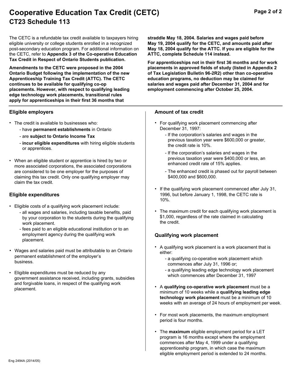 Form CT23 (2494A) Schedule 113 Co-operative Education Tax Credit (Cetc) - Ontario, Canada, Page 2