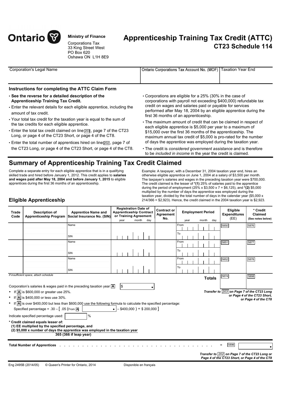 Form CT23 2495B Schedule 114 Download Printable PDF Or Fill Online 
