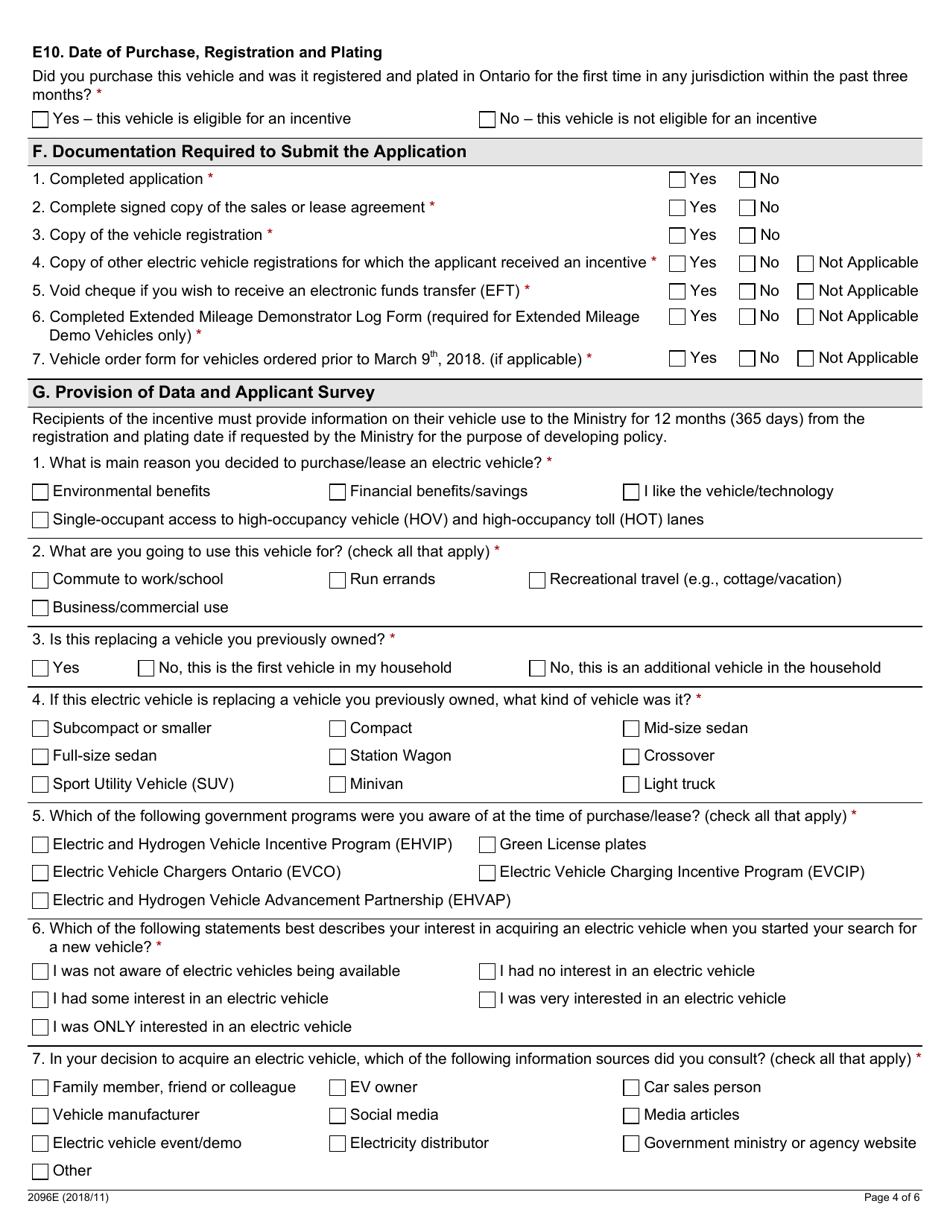 Form 2096E Electric and Hydrogen Vehicle Incentive Program (Ehvip) Incentive Application for Individuals and Businesses - Ontario, Canada, Page 4