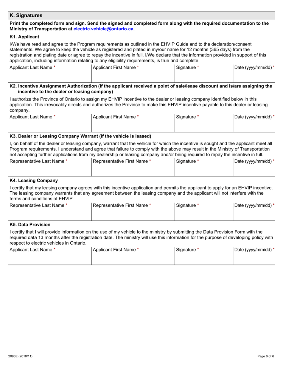 Form 2096E Electric and Hydrogen Vehicle Incentive Program (Ehvip) Incentive Application for Individuals and Businesses - Ontario, Canada, Page 6