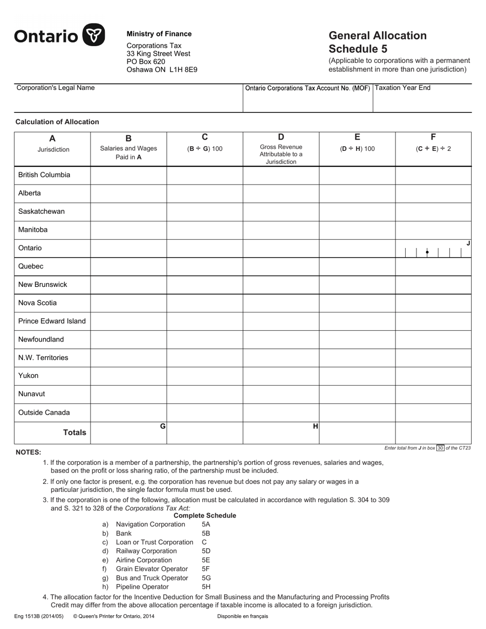Form 1513B Schedule 5 General Allocation - Ontario, Canada, Page 1