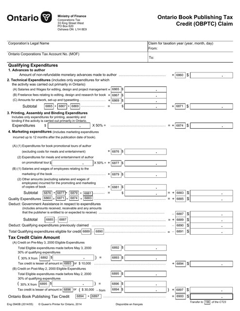 Form 013-0940B Ontario Book Publishig Tax Credit (Obptc) Claim - Ontario, Canada