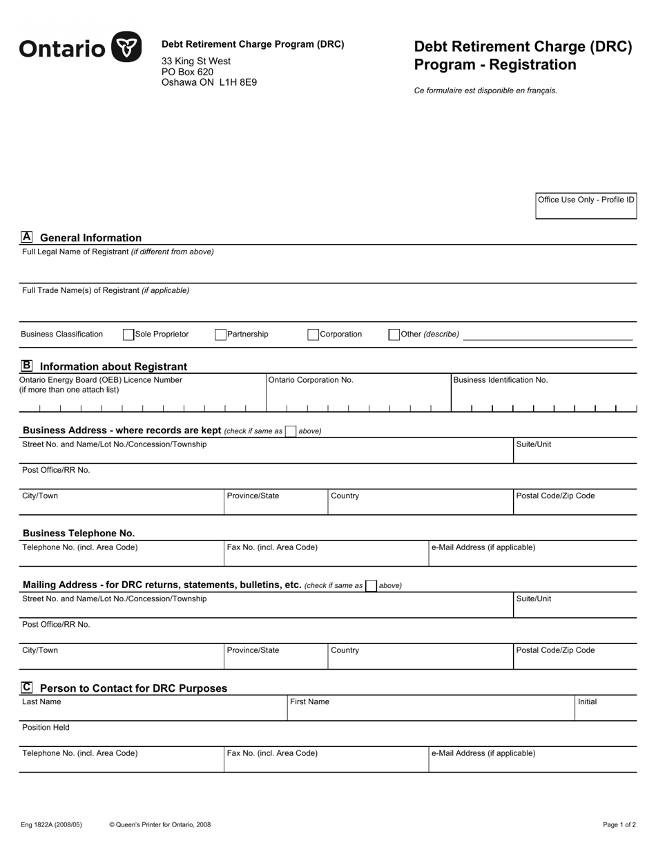 Form 1822A Debt Retirement Charge (Drc) Program - Registration - Ontario, Canada, Page 1