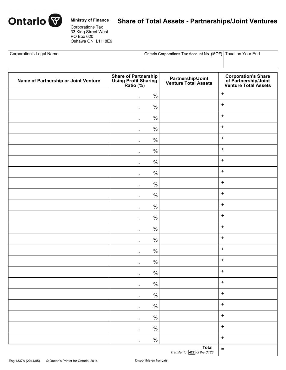 Form 1337 Share of Total Assets - Partnerships / Joint Ventures - Ontario, Canada, Page 1