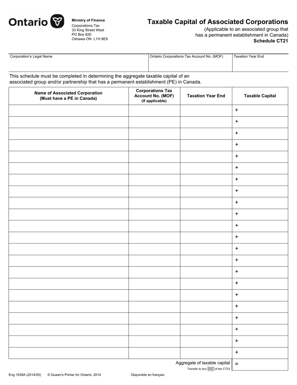 Form 1539 Schedule CT21 Taxable Capital of Associated Corporations - Ontario, Canada, Page 1