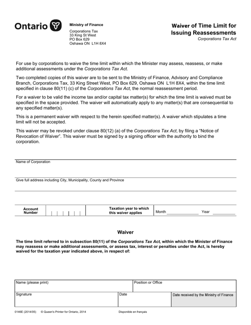 Form 0146 Waiver of Time Limit for Issuing Reassessments - Corporations Tax - Ontario, Canada