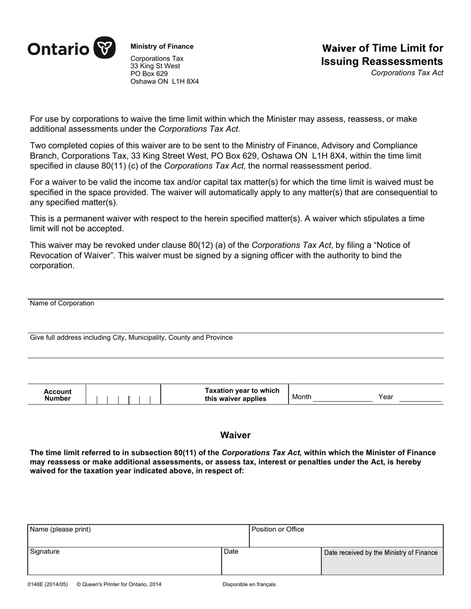Form 0146 Waiver of Time Limit for Issuing Reassessments - Corporations Tax - Ontario, Canada, Page 1
