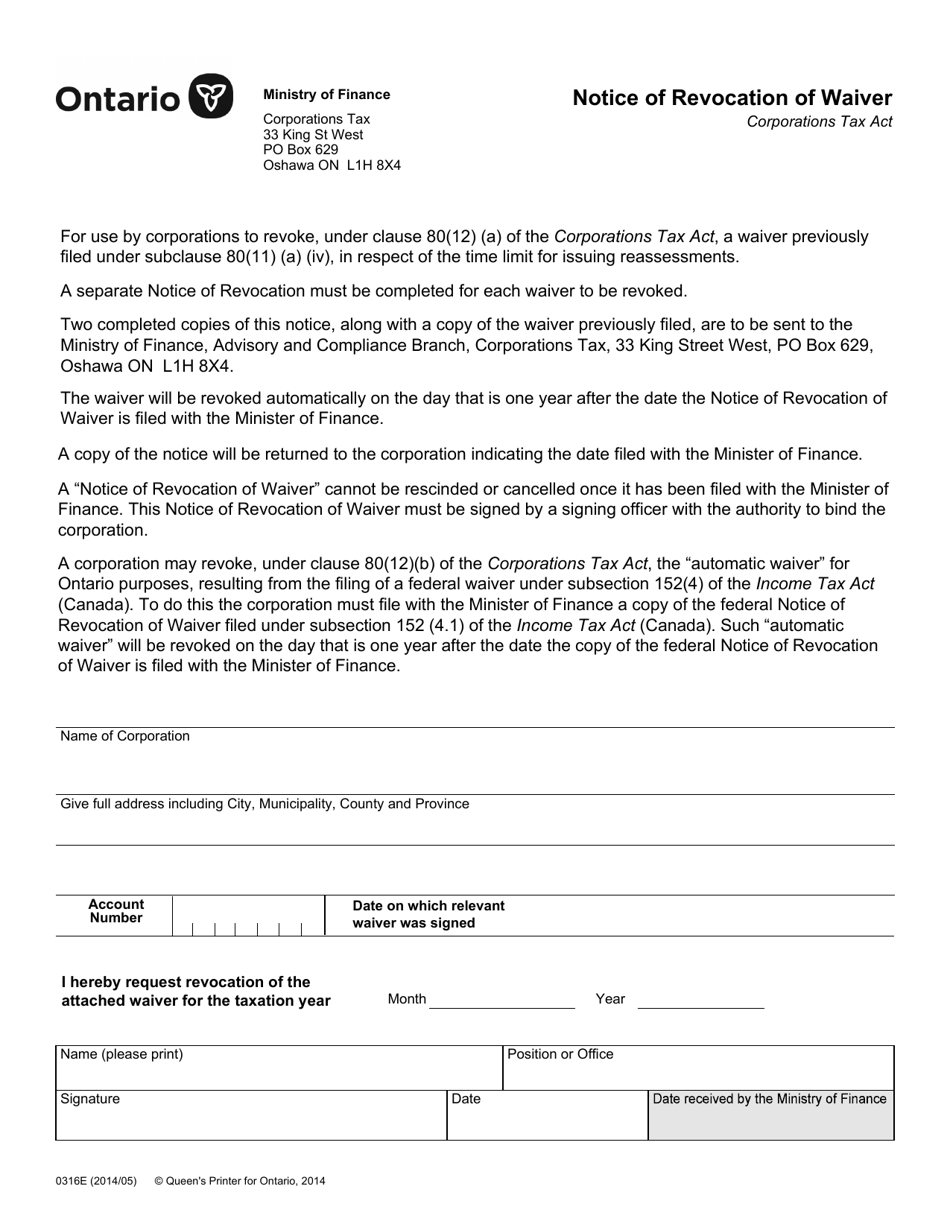 Form 0316 Notice of Revocation of Waiver - Ontario, Canada, Page 1