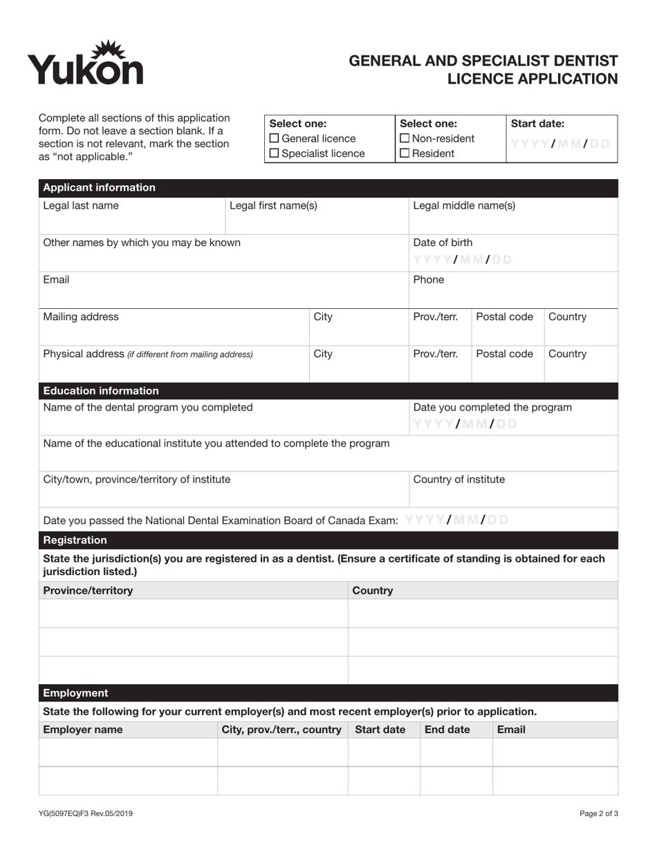 Form YG5097 General and Specialist Dentist Licence Application - Yukon, Canada, Page 3