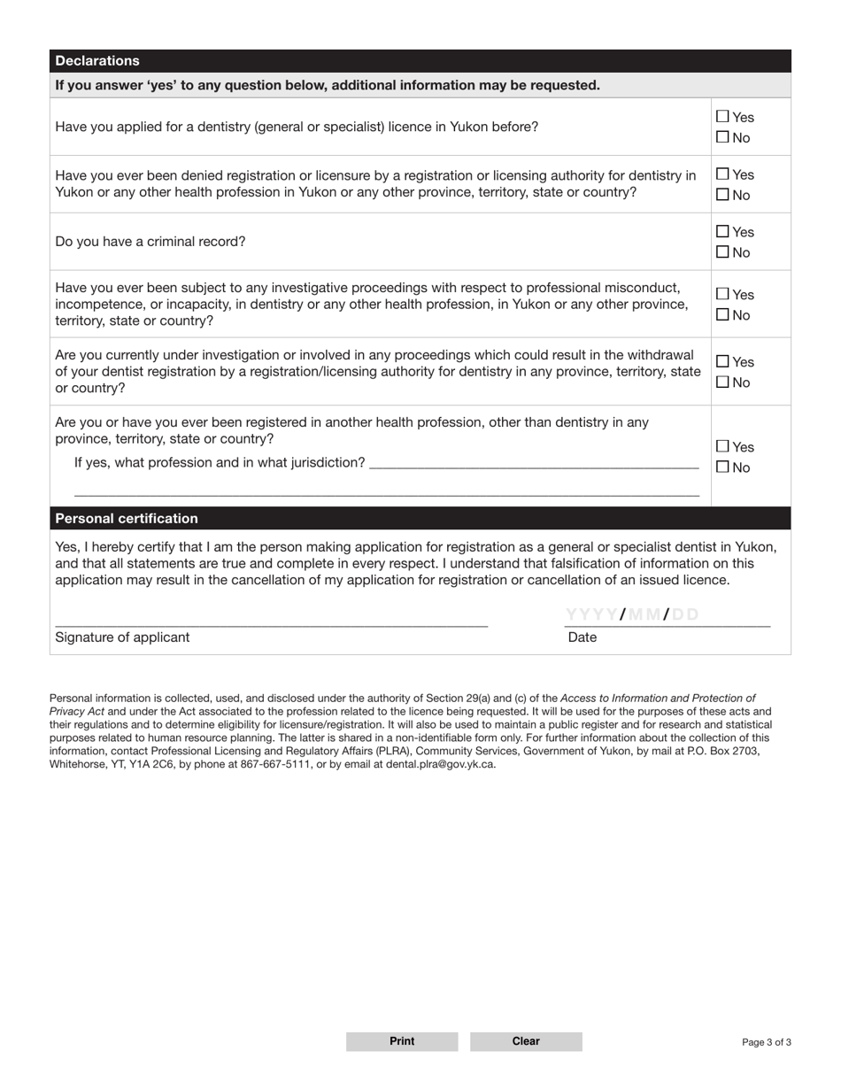 Form YG5097 General and Specialist Dentist Licence Application - Yukon, Canada, Page 4