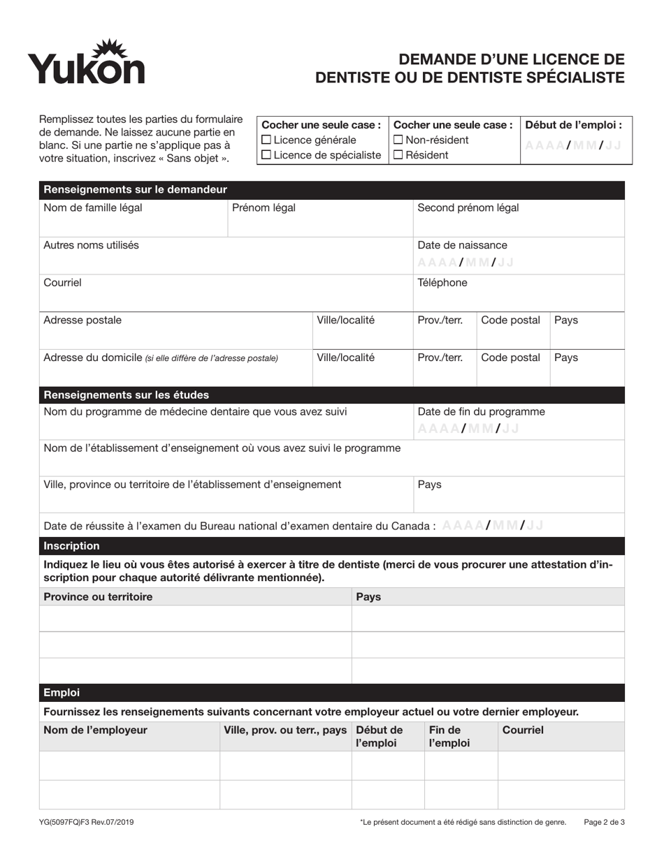 Forme YG5097 Demande Dune Licence De Dentiste Ou De Dentiste Specialiste - Yukon, Canada (French), Page 3