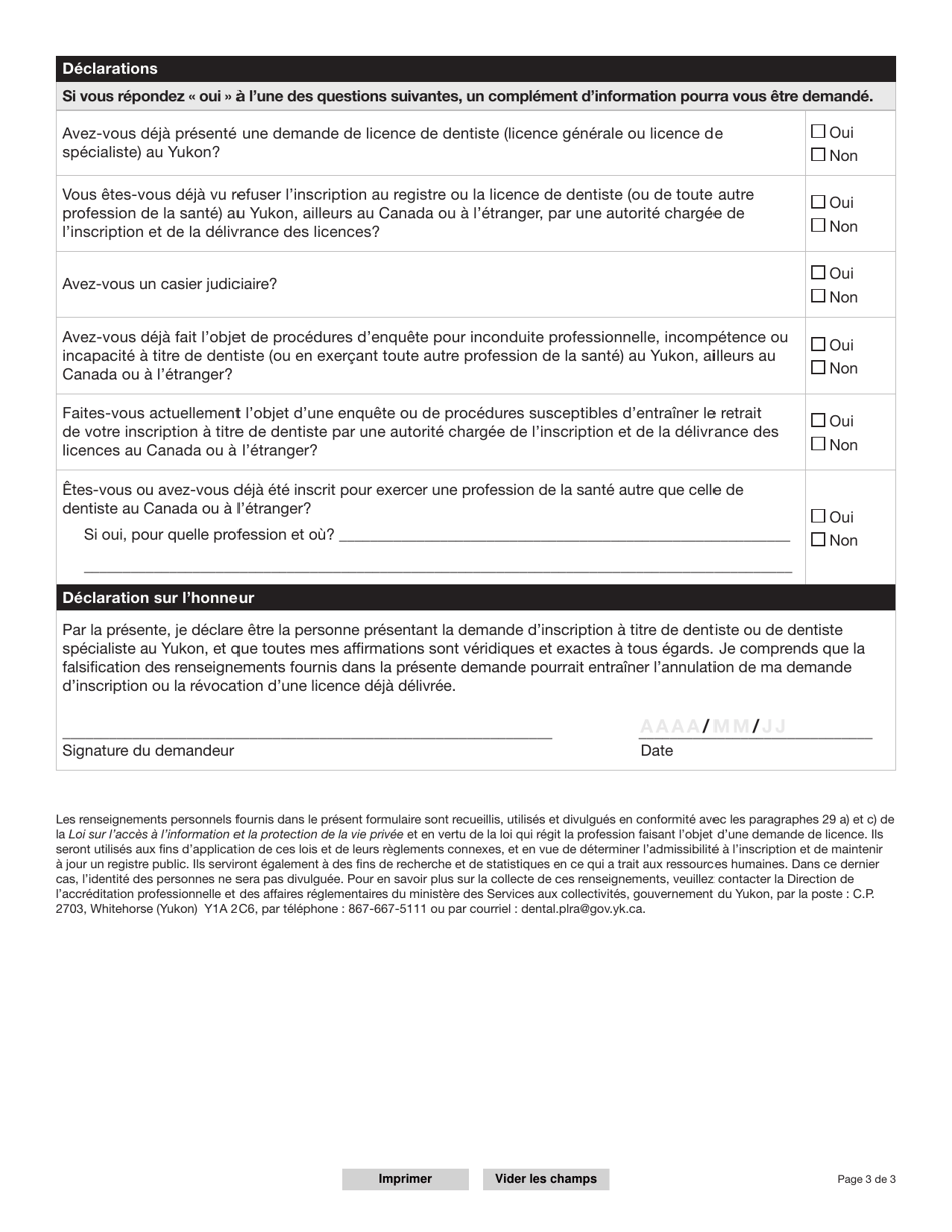 Forme YG5097 Demande Dune Licence De Dentiste Ou De Dentiste Specialiste - Yukon, Canada (French), Page 4