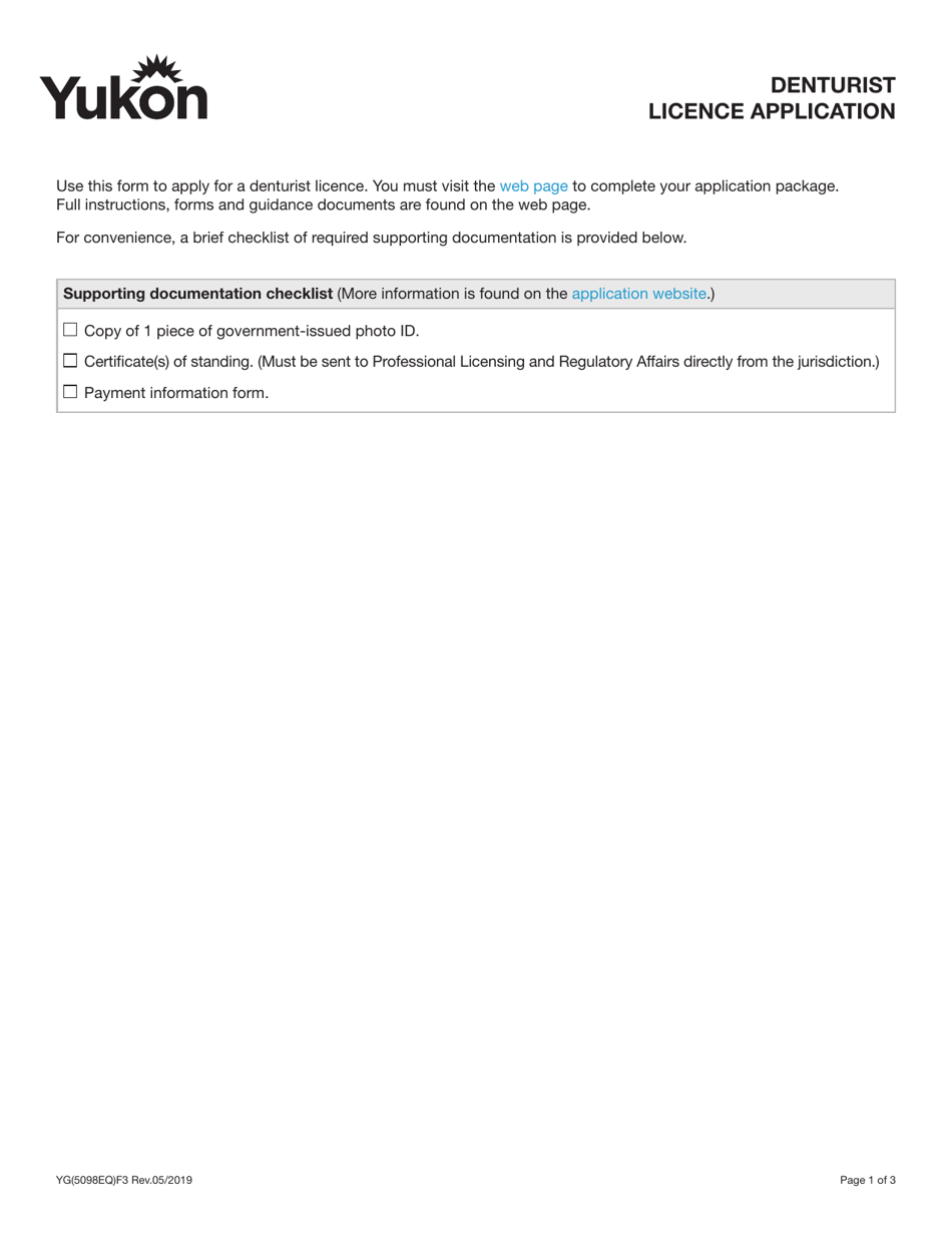 Form YG5098 Denturist Licence Application - Yukon, Canada, Page 1