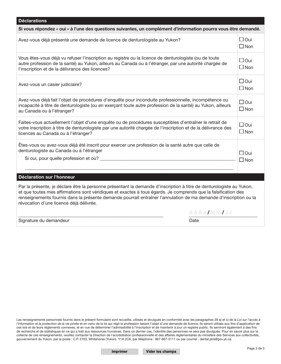 Forme YG5098 Demande Dune Licence De Denturologiste - Yukon, Canada (French), Page 4
