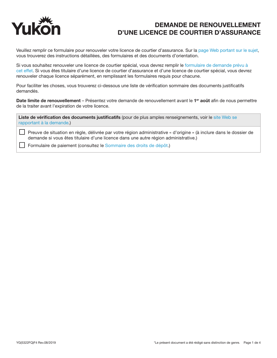 Forme YG5322 Demande De Renouvellement Dune Licence De Courtier Dassurance - Yukon, Canada (French), Page 1