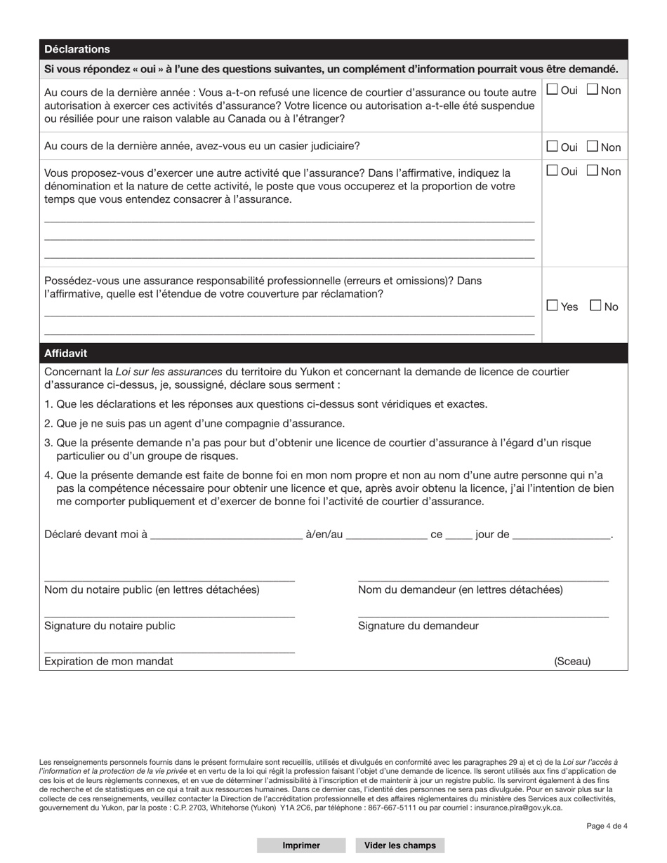 Forme YG5322 Demande De Renouvellement Dune Licence De Courtier Dassurance - Yukon, Canada (French), Page 4