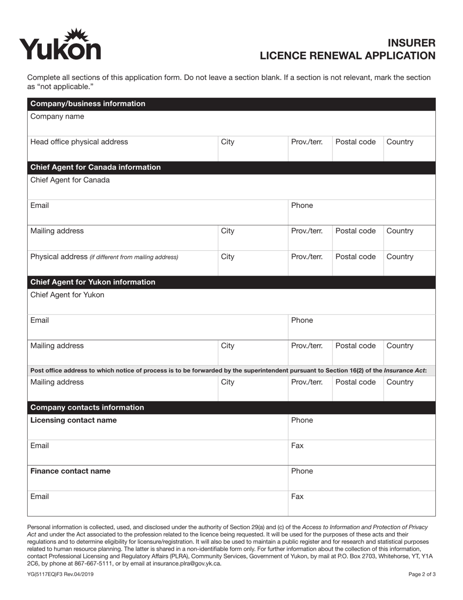 Form YG5117 Insurer Licence Renewal Application - Yukon, Canada, Page 3