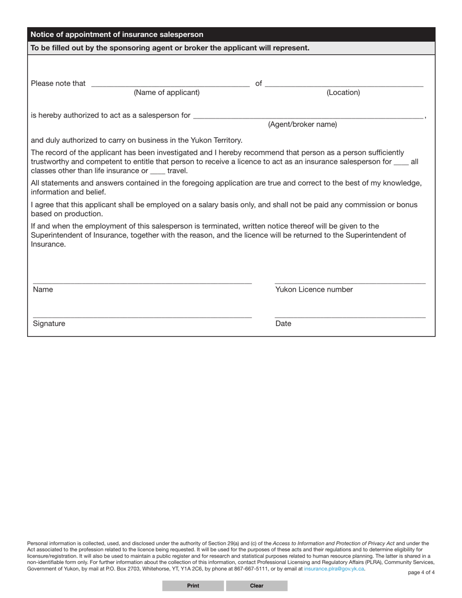 Form YG5129 Insurance Salesperson Licence Renewal Application - Yukon, Canada, Page 4