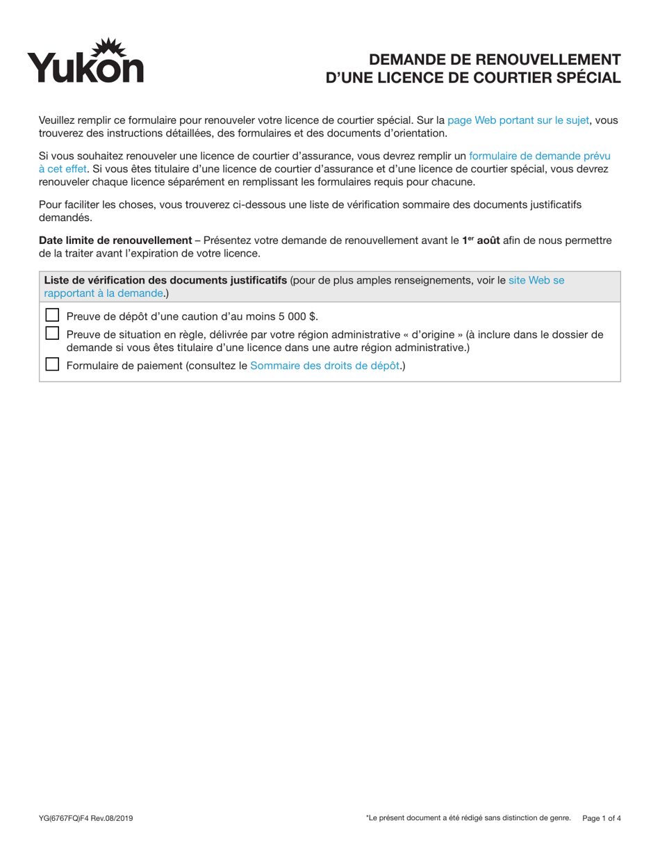 Forme YG6767 Demande De Renouvellement Dune Licence De Courtier Special - Yukon, Canada (French), Page 1