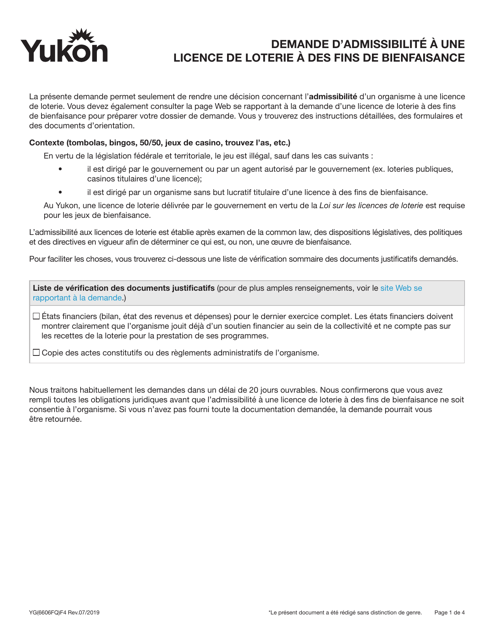 Forme YG6606 Demande D'admissibilite a Une Licence De Loterie a DES Fins De Bienfaisance - Yukon, Canada (French)