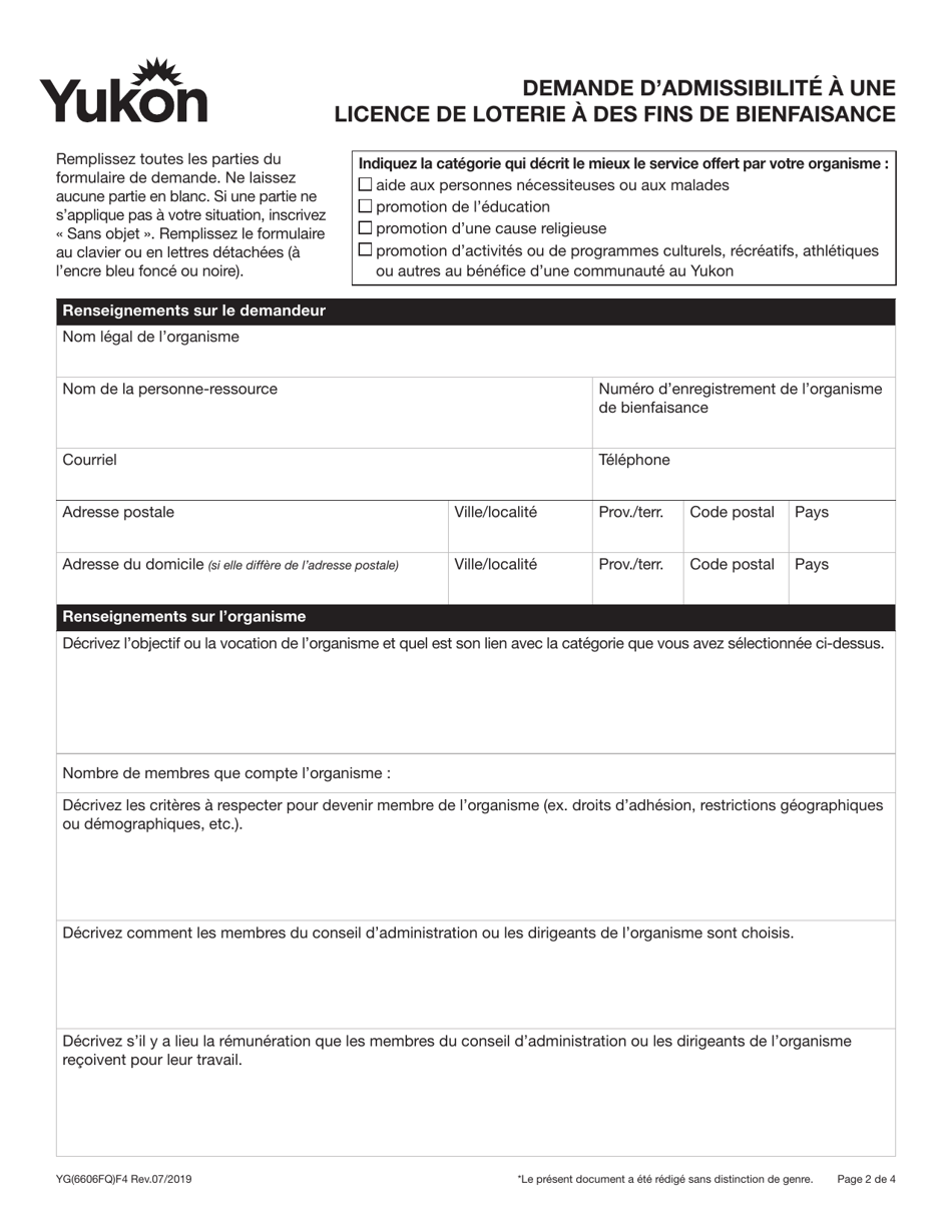 Forme YG6606 Demande Dadmissibilite a Une Licence De Loterie a DES Fins De Bienfaisance - Yukon, Canada (French), Page 2
