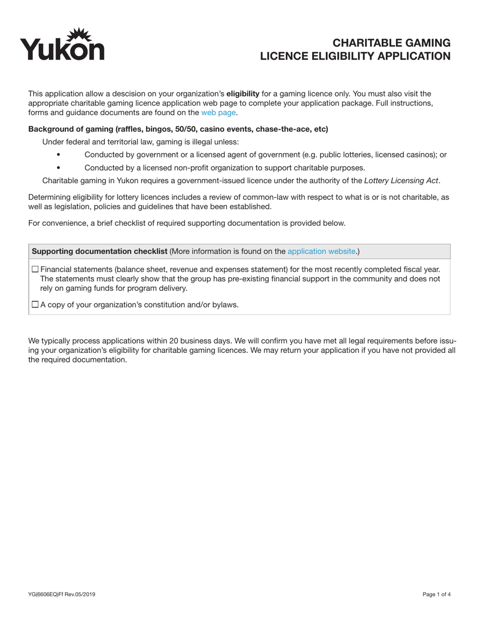 Form YG6606 Charitable Gaming Licence Eligibility Application - Yukon, Canada, Page 1