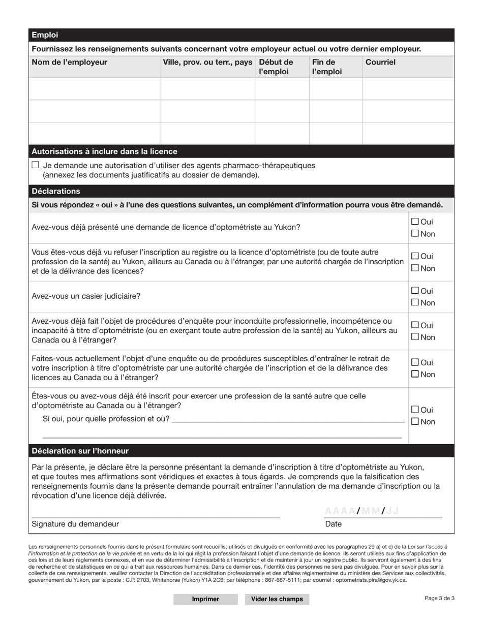 Forme YG5308 (YG6644) Demande Dune Licence Doptometriste - Yukon, Canada (French), Page 4