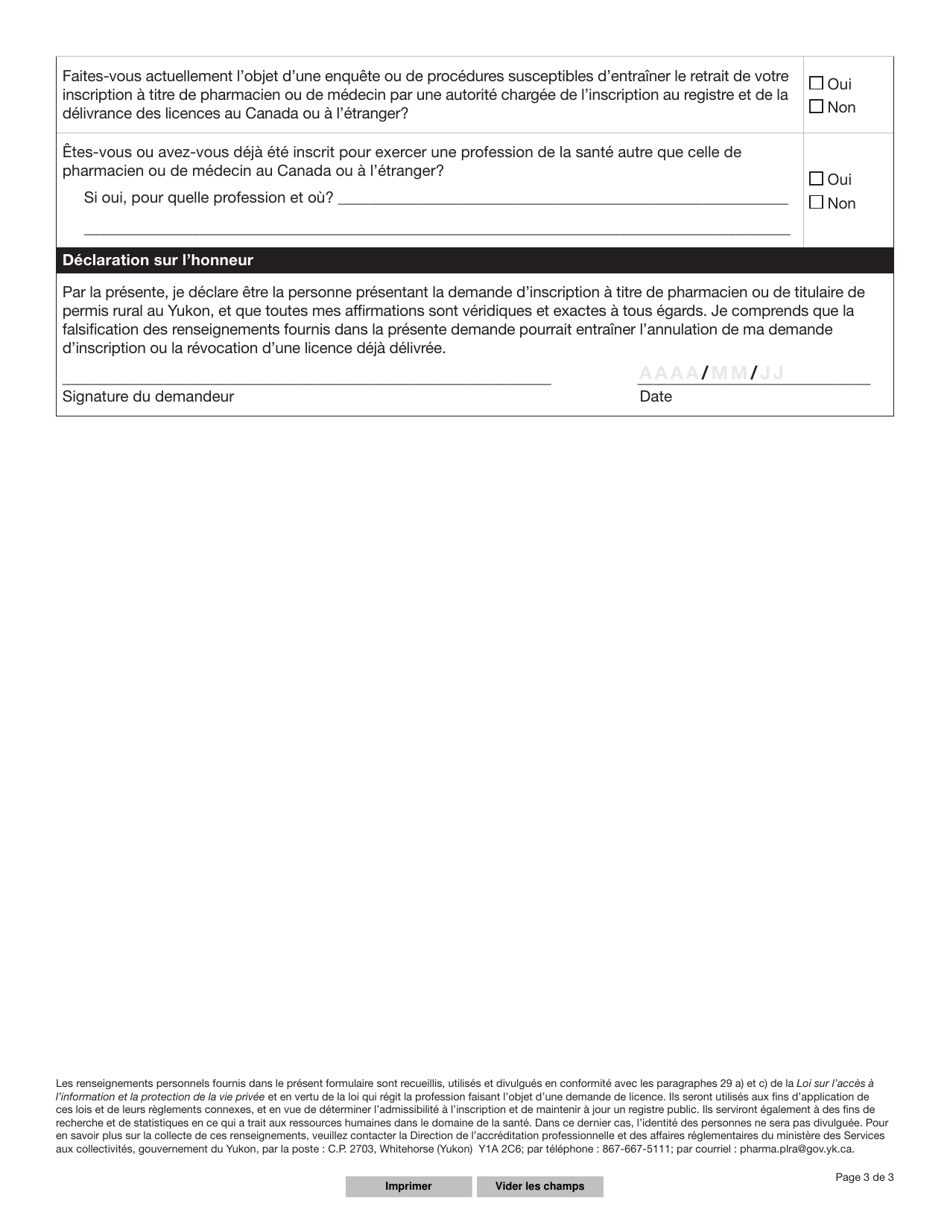 Forme YG6701 Demande De Renouvellement Dune Licence De Pharmacien Ou Dun Permis Rural - Yukon, Canada (French), Page 4