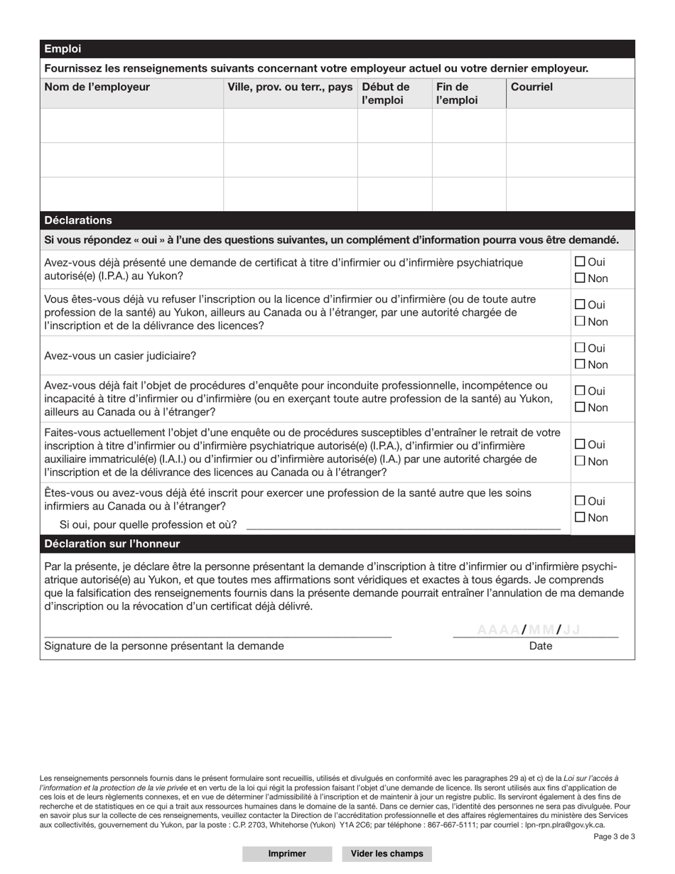 Forme YG6681 Infirmiers Et Infirmieres Psychiatriques Autorise(E)s (I.p.a.) Demande De Certificat Dinscription a Titre Dinvite - Yukon, Canada (French), Page 4
