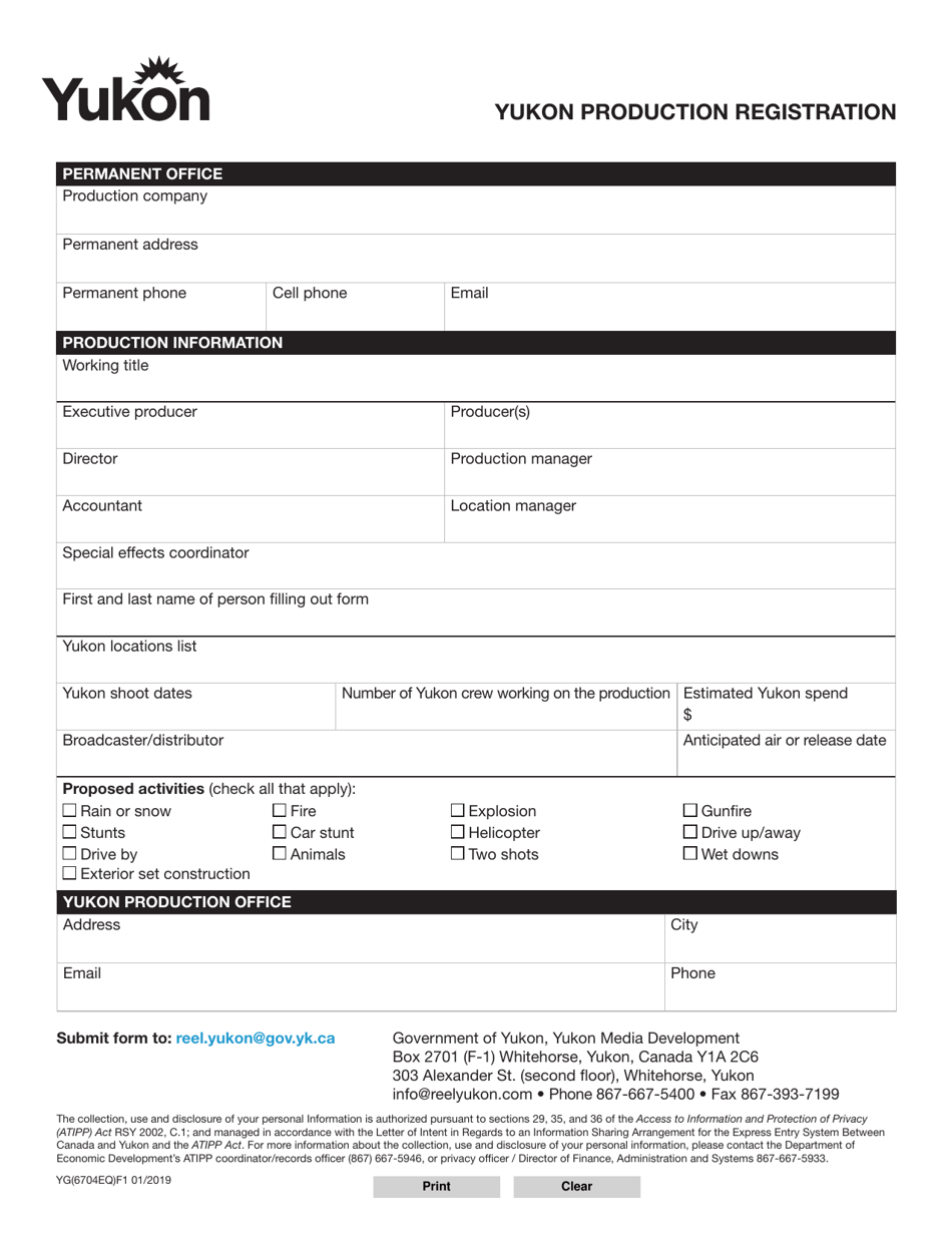 Form YG6704 Yukon Production Registration - Yukon, Canada, Page 1