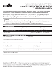 Document preview: Form YG6665 Authority to Release Personal Information to a Designated Individual - Yukon, Canada