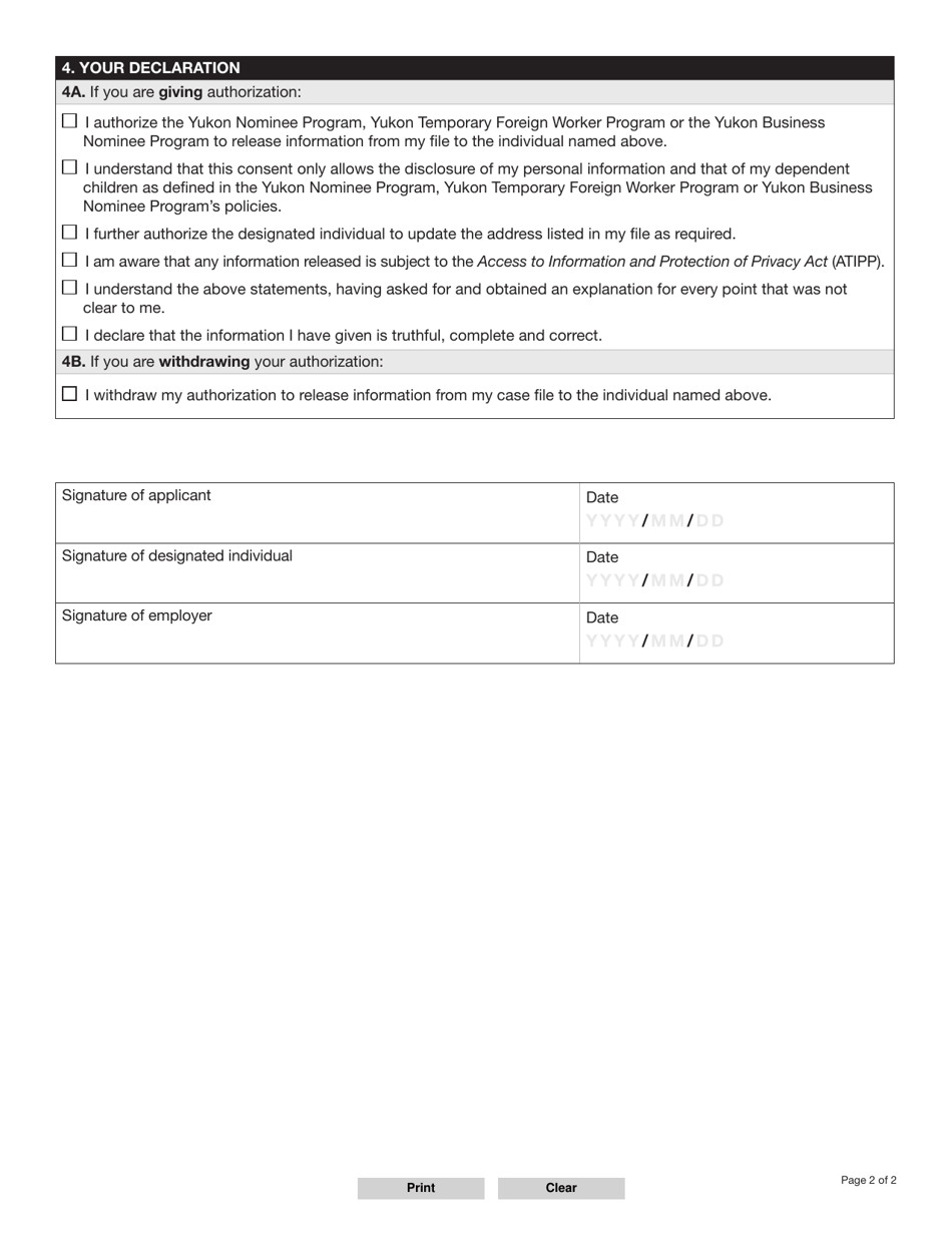 Form YG6665 Authority to Release Personal Information to a Designated Individual - Yukon, Canada, Page 2