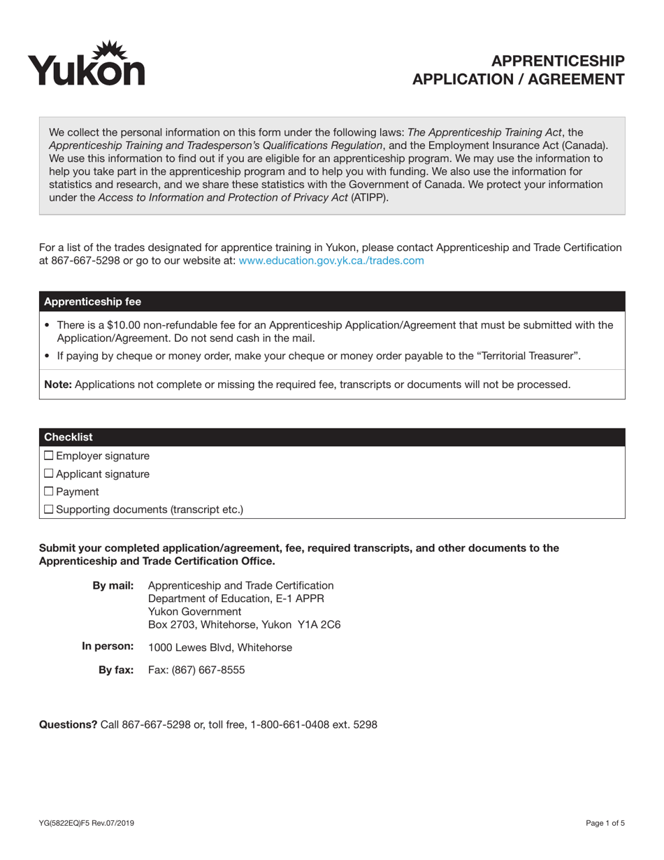 Form YG5822 Apprenticeship Application / Agreement - Yukon, Canada, Page 1
