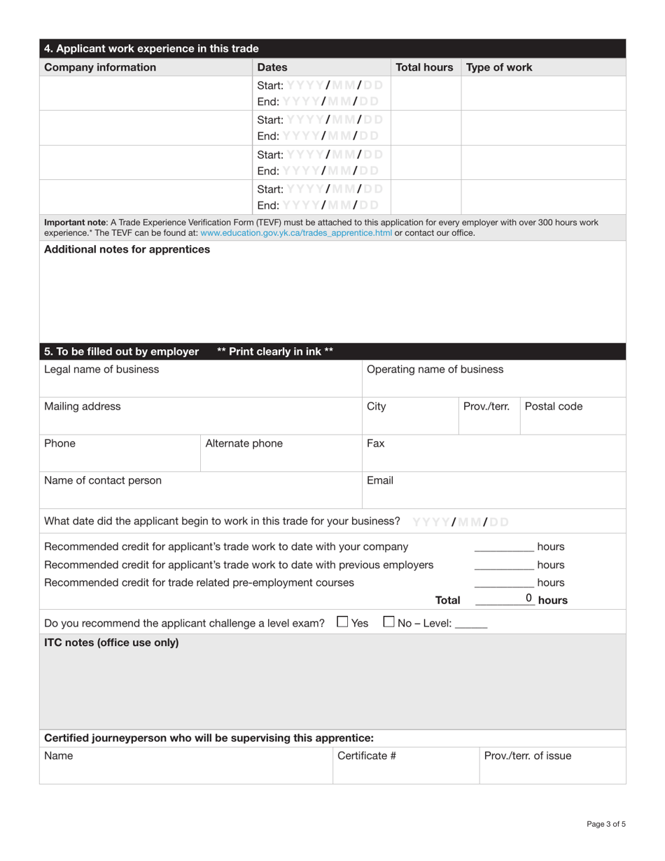 Form YG5822 Apprenticeship Application / Agreement - Yukon, Canada, Page 3