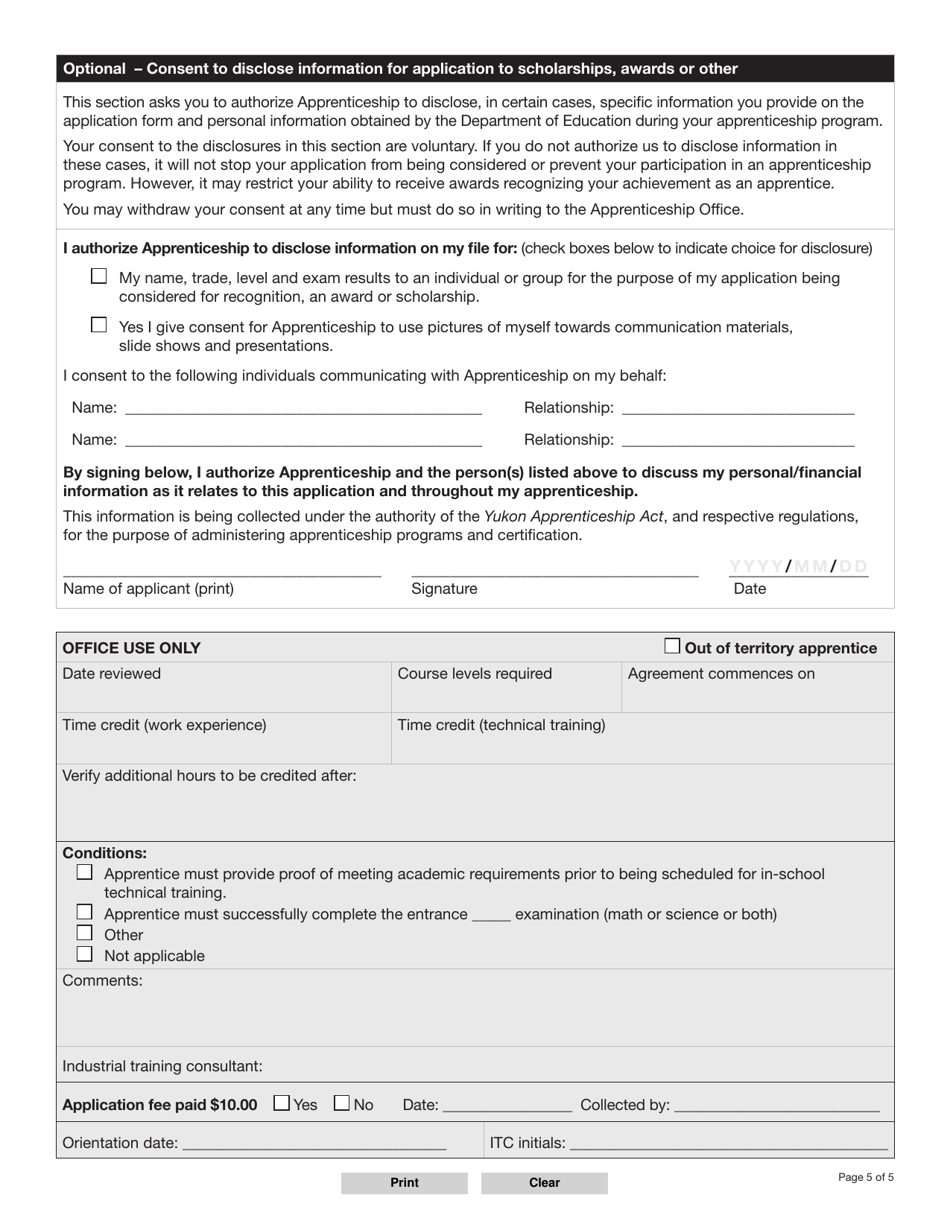 Form YG5822 Apprenticeship Application / Agreement - Yukon, Canada, Page 5