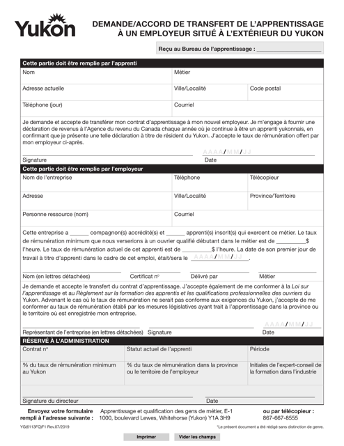 Forme YG6113 Demande/Accord De Transfert De L'apprentissage a Un Employeur Situe a L'exterieur Du Yukon - Yukon, Canada (French)