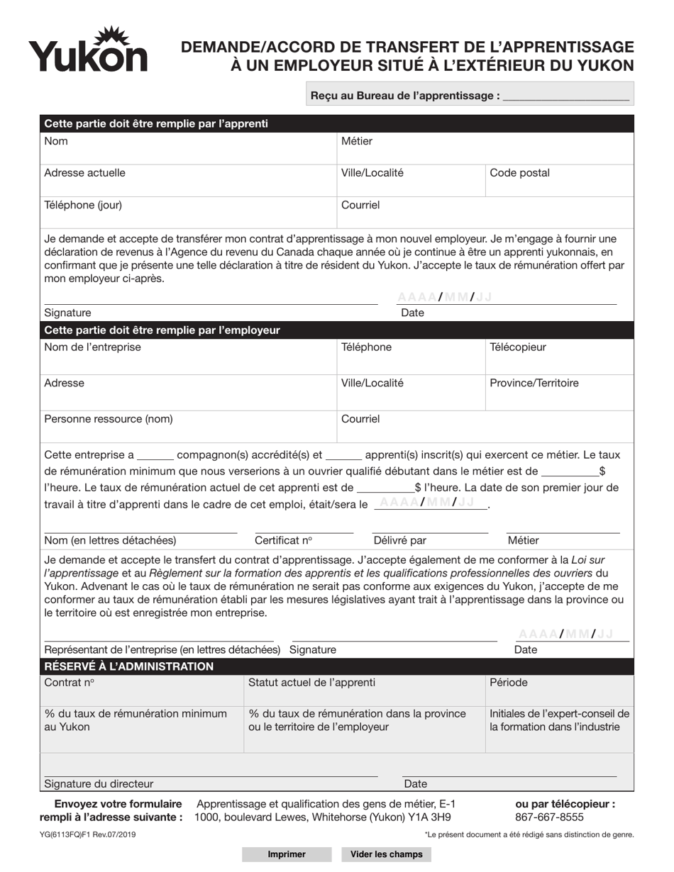 Forme YG6113 Demande / Accord De Transfert De Lapprentissage a Un Employeur Situe a Lexterieur Du Yukon - Yukon, Canada (French), Page 1