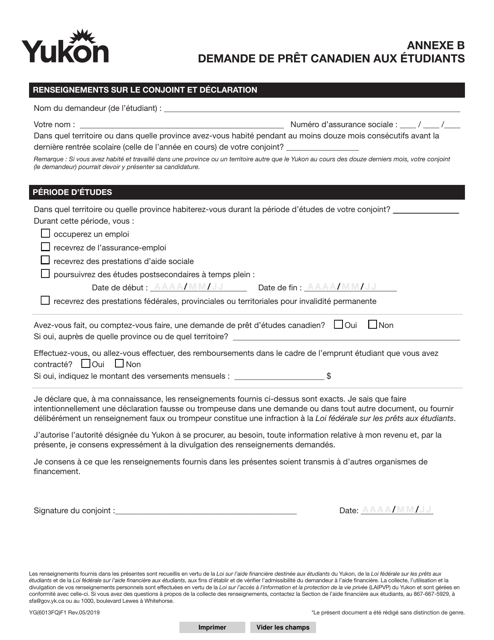 Forme YG6013 Agenda B Demande De Pret Canadien Aux Etudiants - Yukon, Canada (French)
