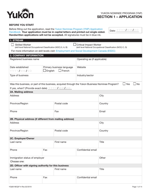 Form YG6019 Yukon Nominee Program (Ynp) Application Form - Yukon, Canada