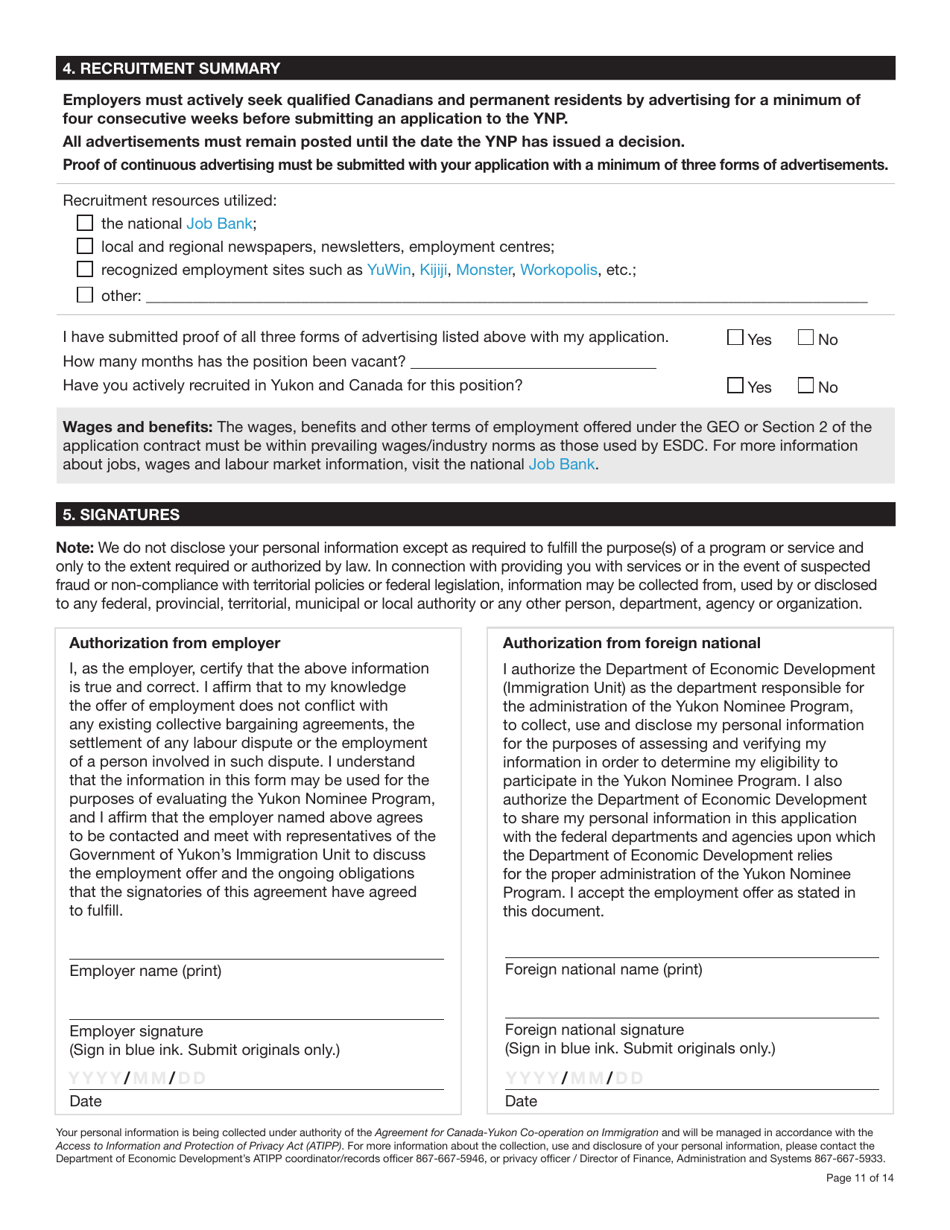 Form YG6019 Yukon Nominee Program (Ynp) Application Form - Yukon, Canada, Page 11