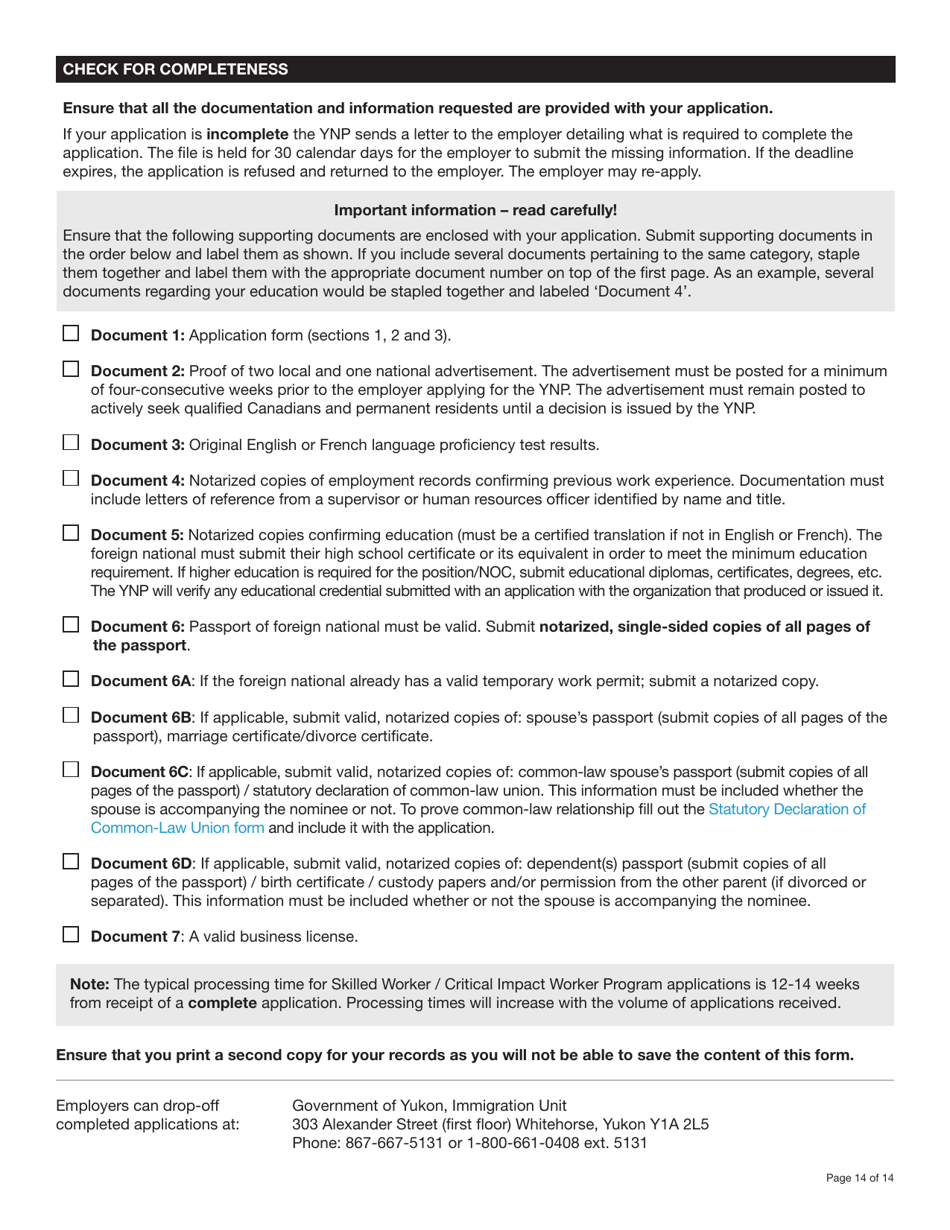 Form YG6019 Yukon Nominee Program (Ynp) Application Form - Yukon, Canada, Page 14